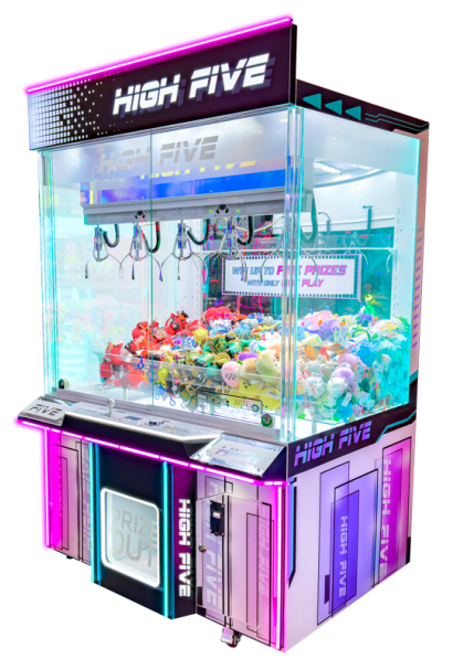 A Sega High Five crane machine with a transparent front, vibrant edge lighting, and multiple colorful prizes visible inside.