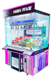 A Sega High Five crane machine with a transparent front, vibrant edge lighting, and multiple colorful prizes visible inside.