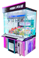 A Sega High Five crane machine with a transparent front, vibrant edge lighting, and multiple colorful prizes visible inside.
