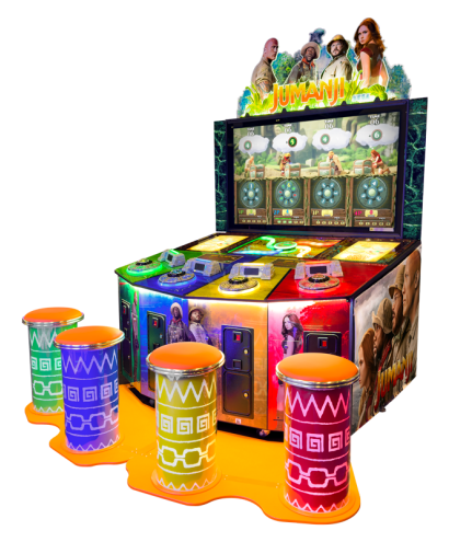 Colorful Sega Jumanji themed arcade cabinet with a vibrant screen and controls, featuring characters and elements from the Jumanji film franchise.
