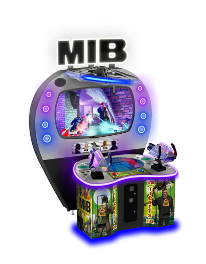 A Sega Men in Black 2 Player video arcade cabinet featuring a retro-futuristic design with a chrome UFO billboard, animated LEDs, and a 55" HD LED screen displaying the game.