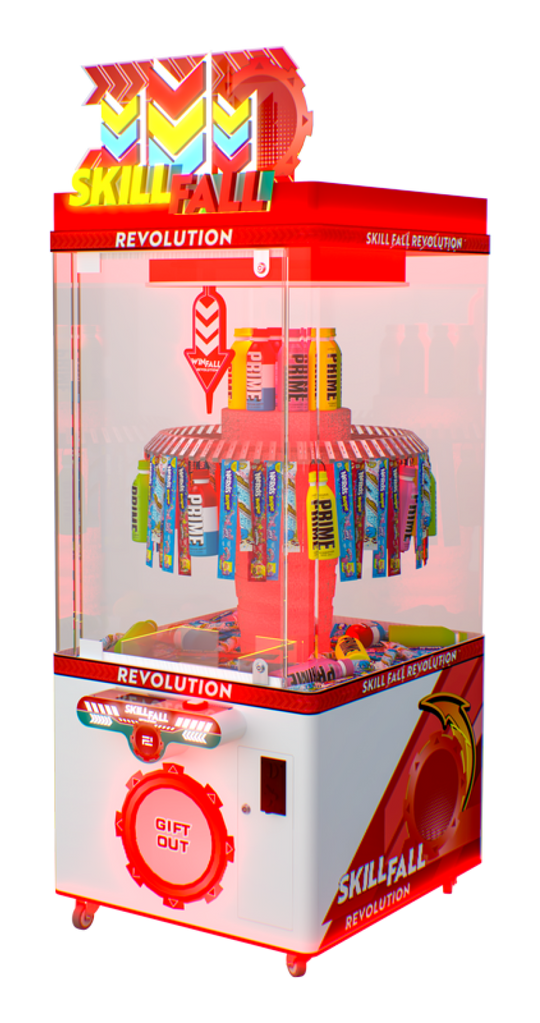 Red and white Skillfall Revolution arcade machine with colorful prizes on a white background