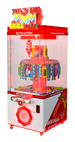 Red and white Skillfall Revolution arcade machine with colorful prizes on a white background