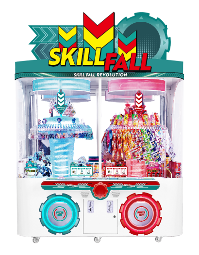 A colorful and vibrant SEGA Skill Fall Revolution Mini 4 Player arcade machine designed for prize redemption with two rotating pedestals and a glass top.