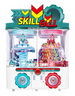 A colorful and vibrant SEGA Skill Fall Revolution Mini 4 Player arcade machine designed for prize redemption with two rotating pedestals and a glass top.