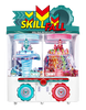 A colorful and vibrant SEGA Skill Fall Revolution Mini 4 Player arcade machine designed for prize redemption with two rotating pedestals and a glass top.