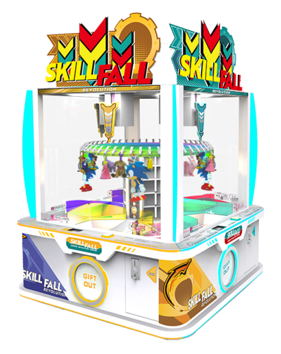 A colorful and vibrant view of the Sega SKILL FALL REVOLUTION 4 PLAYER arcade machine featuring a transparent cabinet with bright interior lighting, a rotating prize pedestal, and the game's name displayed at the top.