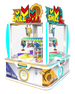 A colorful and vibrant view of the Sega SKILL FALL REVOLUTION 4 PLAYER arcade machine featuring a transparent cabinet with bright interior lighting, a rotating prize pedestal, and the game's name displayed at the top.