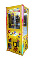 Yellow claw crane arcade machine with colorful lights and toys on a white background