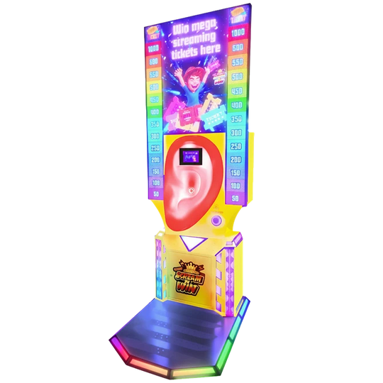 Colorful ticket vending machine with cartoon character and colorful design on a white background