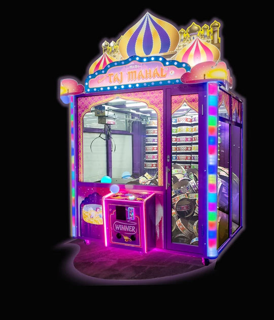 Colorful arcade machine with a marquee displaying 'Taj Mahal' on a black background.