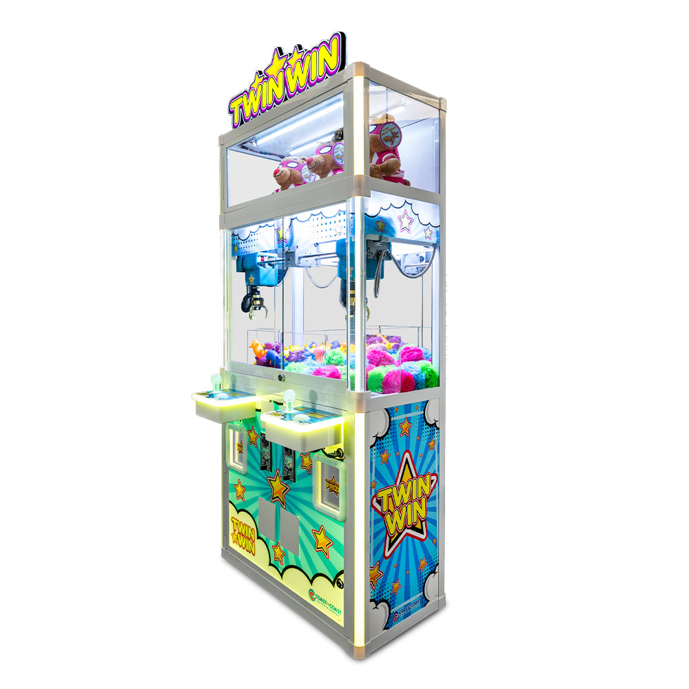 Candy and plush toy vending machine with 'Twin Win' branding on a white background