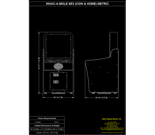Technical drawing of a Whac-a-Mole game machine with dimensions on a black background