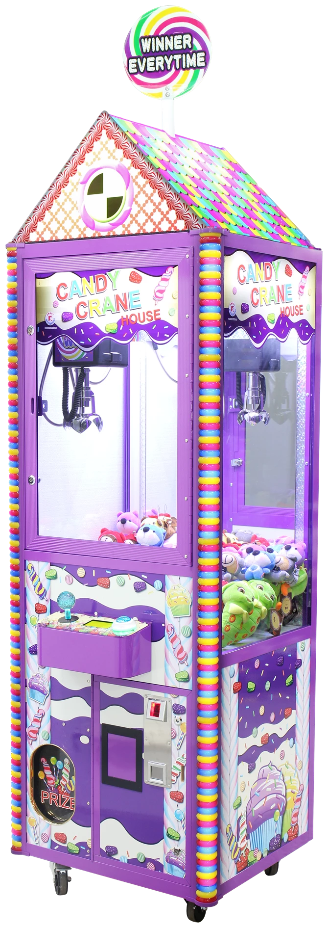 Colorful claw crane arcade game with cartoon character on a white background