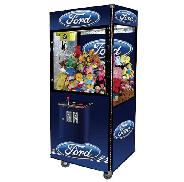 Toy vending machine with Ford logo filled with colorful stuffed toys on a white background