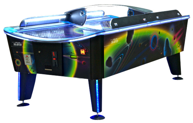 Colorful air hockey table with neon lights on a white background