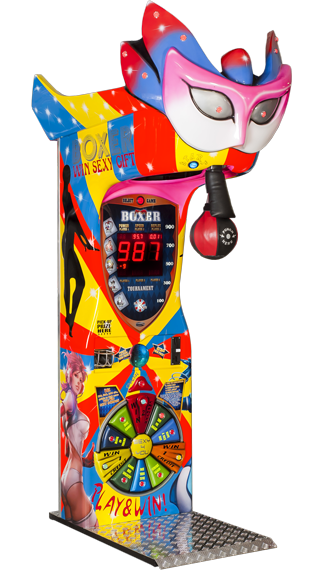 A colorful upright boxing arcade machine with a mask design on top and digital score display.