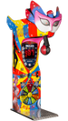 A colorful upright boxing arcade machine with a mask design on top and digital score display.
