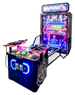Colorful arcade game machine with bright lights on a white background