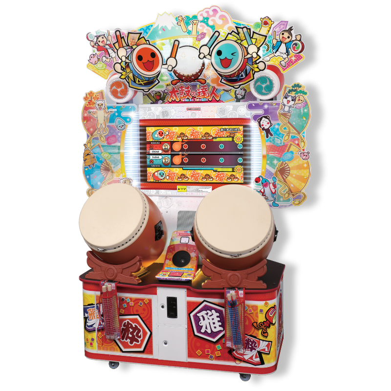 Colorful arcade game with drum-like controls and cartoon characters on a white background