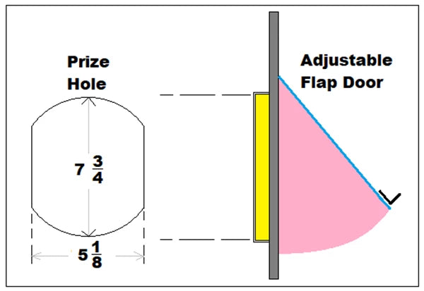 Diagram of a prize hole and adjustable flap door with measurements.