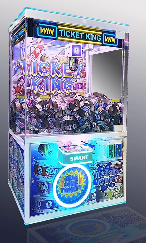 Ticket King vending machine with colorful lights and ticket dispensers.