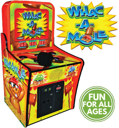 Whac-A-Mole arcade game with colorful design and 'Fun for All Ages' label.